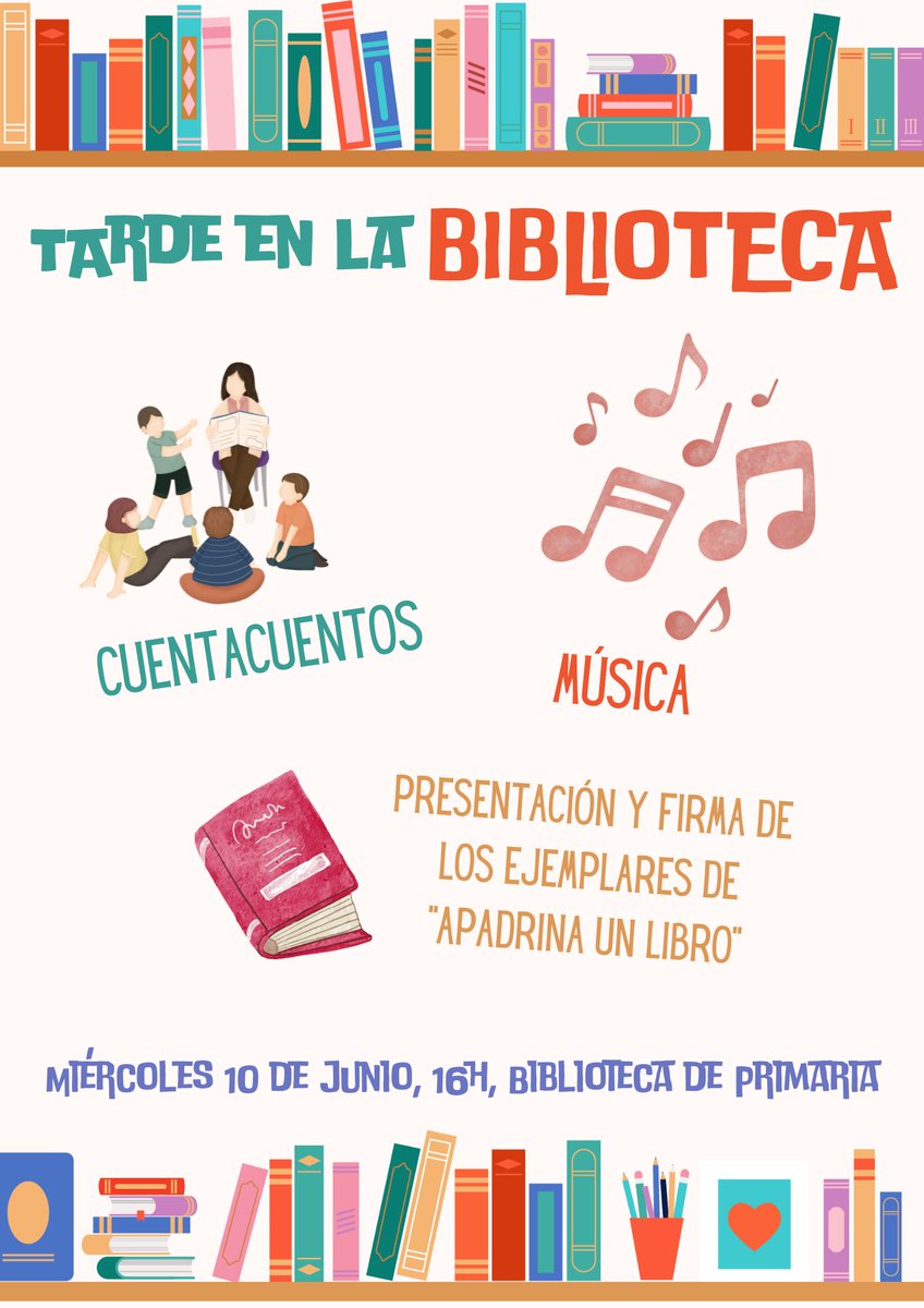 ceiparcipreste's tweet photo. El miércoles 10 de junioa las 16h, celebraremos la última TARDE EN LA BIBLIOTECA del curso.
Tendremos CUENTACUENTOS Y MÚSICA para todas las edades y pasaremos un rato extraordinario.
También presentaremos los libros adquiridos durante la iniciativa "Apadrína un libro". https://t.co/vNLqyoEF7l