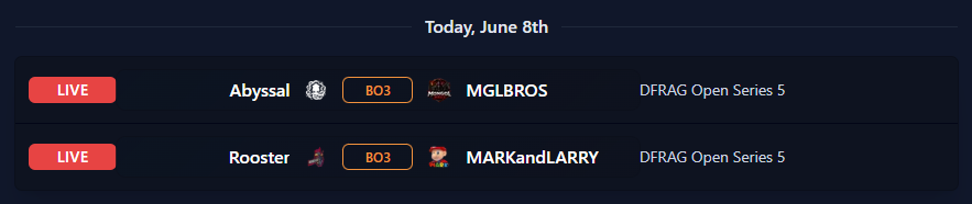 dfragtv's tweet photo. DFRAG Open Series 5 has begun with Group A matches now LIVE!

💠 @TeamAbyssalGG vs. MGLBROS
🎥 @churchd0gg @ https://t.co/qyYh32aXqY

💠 @RoosterCS vs. MARKnLARRY
🎥 @SYNKCasting @ https://t.co/KJe3ksDlFs https://t.co/cWeFwjke98