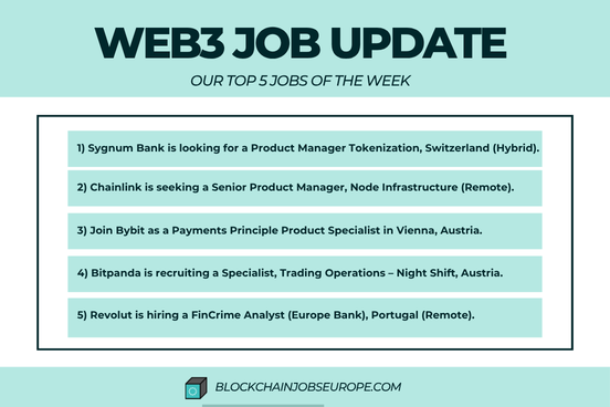 EuBlockchainJob's tweet photo. Blockchain Jobs Europe presents you with their top five picks of the week. Detailed job descriptions can be found here: https://t.co/3eY1A6AEyv https://t.co/LhO8J1cHPX