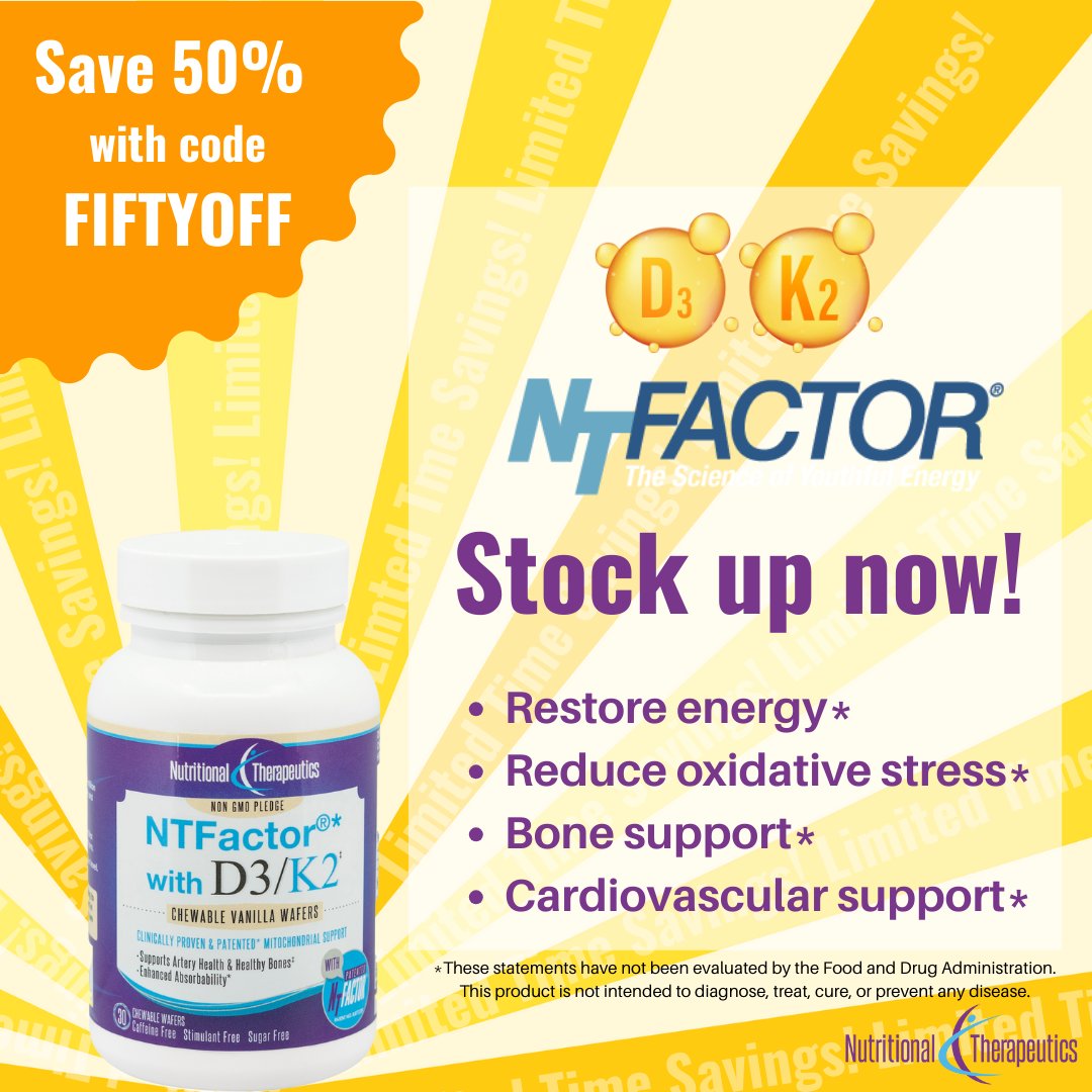 ntfactorworld's tweet photo. Don't miss limited-time 50% savings! Combining the unique synergy of vitamins D3 and K2 w/ NTFactor® lipids, this chewable wafer is ideal for anyone dealing with fatigue, age-related conditions, or chronic illness.
Stock up on D3/K2 today w/ code FIFTYOFF https://t.co/p7W30INd6s https://t.co/GrgI9UxFB2