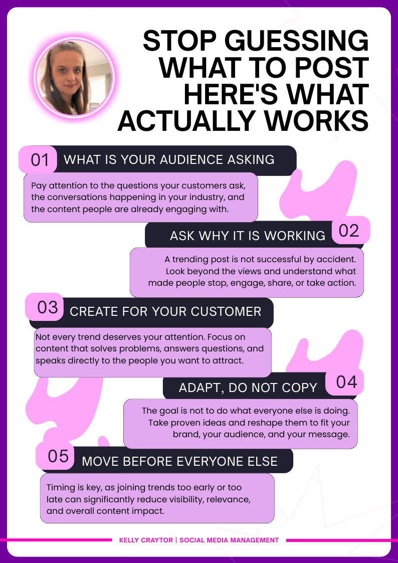 KellyCraytor1's tweet photo. Everyone is chasing trends... but very few people stop to ask why they are working in the first place. 👀

One business copies a trending reel and gets 50,000 views.

Another copies the exact same idea and hears nothing. The difference is not the trend. The difference is understanding the audience behind it.

Successful content is not about jumping on every new feature, sound, or challenge that pops up online. It is about knowing what your audience cares about and adapting ideas to fit your business.

Social media trends are clues. They show you where attention is going. They show you what people are talking about. They show you how audiences are changing.

The businesses that win are not the ones blindly following trends.

They are the ones paying attention.

Watch what is working.
Understand why it is working.
Make it relevant to your audience.
Then move before everyone else catches on. 💡
That is how you stay relevant without looking like you are desperately chasing the algorithm.

DM me with the word "TREND" and I will send you a free content planner to help you spot opportunities before your competitors do.
Kelly Craytor
@KellyCraytor1
·
4h
GM 🌻! Do something today your future self will thank you for.