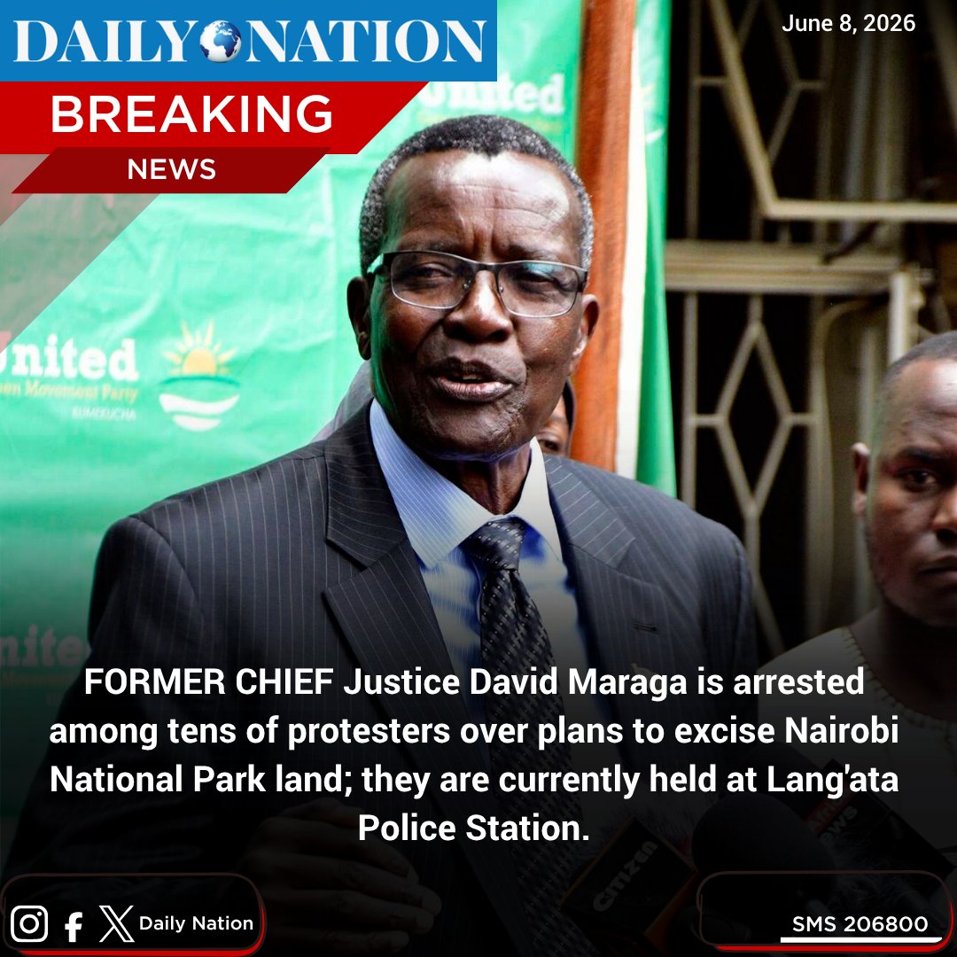 NationAfrica's tweet photo. FORMER CHIEF Justice David Maraga is arrested among tens of protesters over plans to excise Nairobi National Park land; they are currently held at Lang'ata Police Station. https://t.co/wZCxlSuJGD