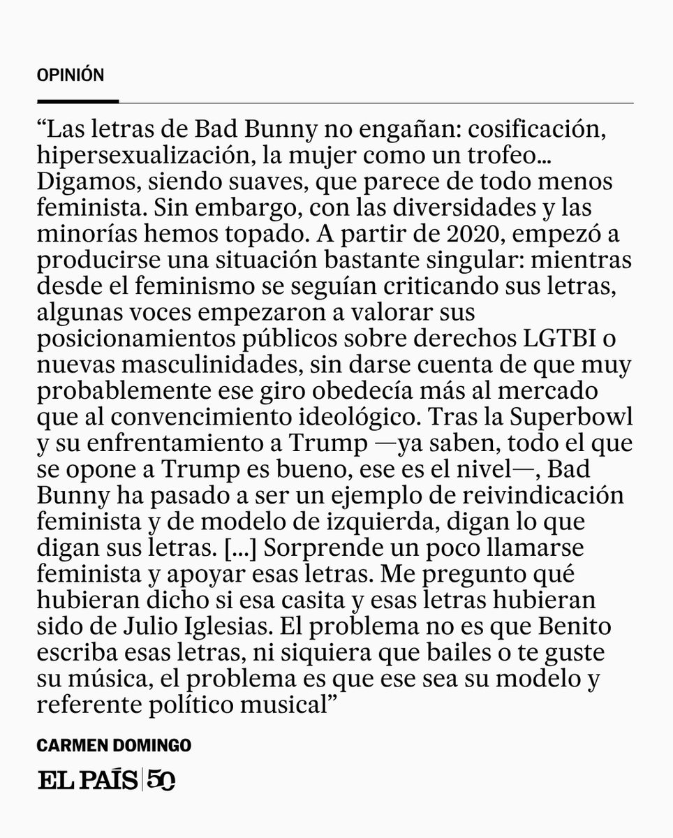 el_pais's tweet photo. Opinión | "Sorprende llamarse feminista y apoyar las letras de Benito; me pregunto qué habrían dicho si hubieran sido de Julio Iglesias", por Carmen Domingo https://t.co/MG2nguNqto https://t.co/velw4HlYhC