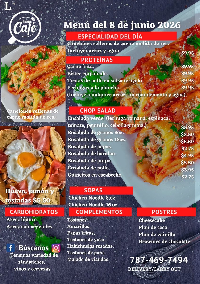 PaseosCafe's tweet photo. Buenos días!! Este es nuestro menú de hoy. El delivery es gratis, llama al (787) 469-7494. https://t.co/4nk0rfzqHF