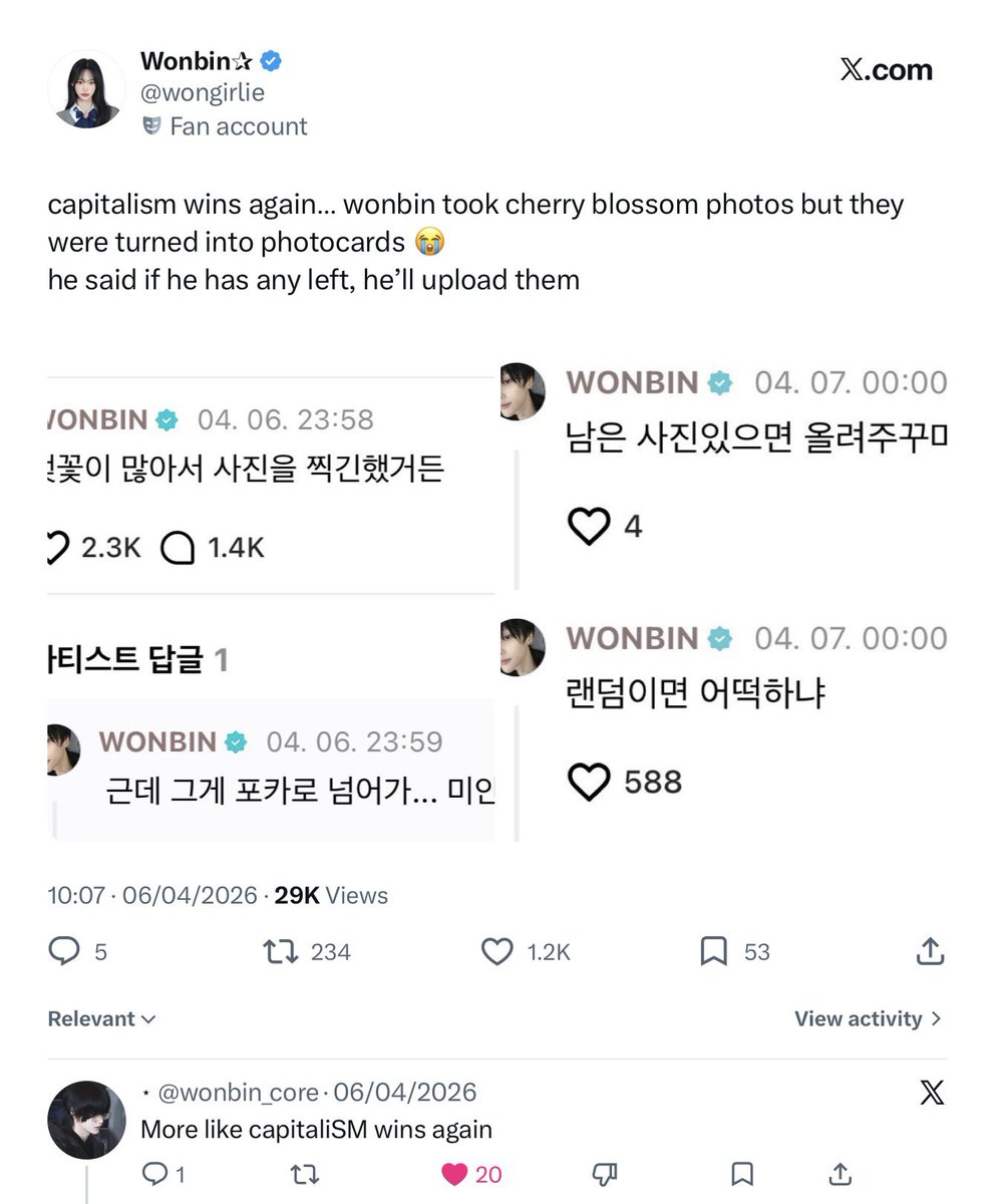 wongirlie's tweet photo. capitalism really won 😭 here is the wonbin cherry blossom pic https://t.co/ZzUYTfifPK