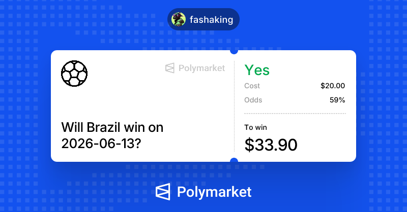 FASHAKING3's tweet photo. Tailgating @ppdoesit on this one for my second World Cup trade on @polymarket. 

Brazil vs Morocco on the 13th.

Going heavy on Brazil here, but Morocco's defense is always tricky. https://t.co/7pVQJpAB9g