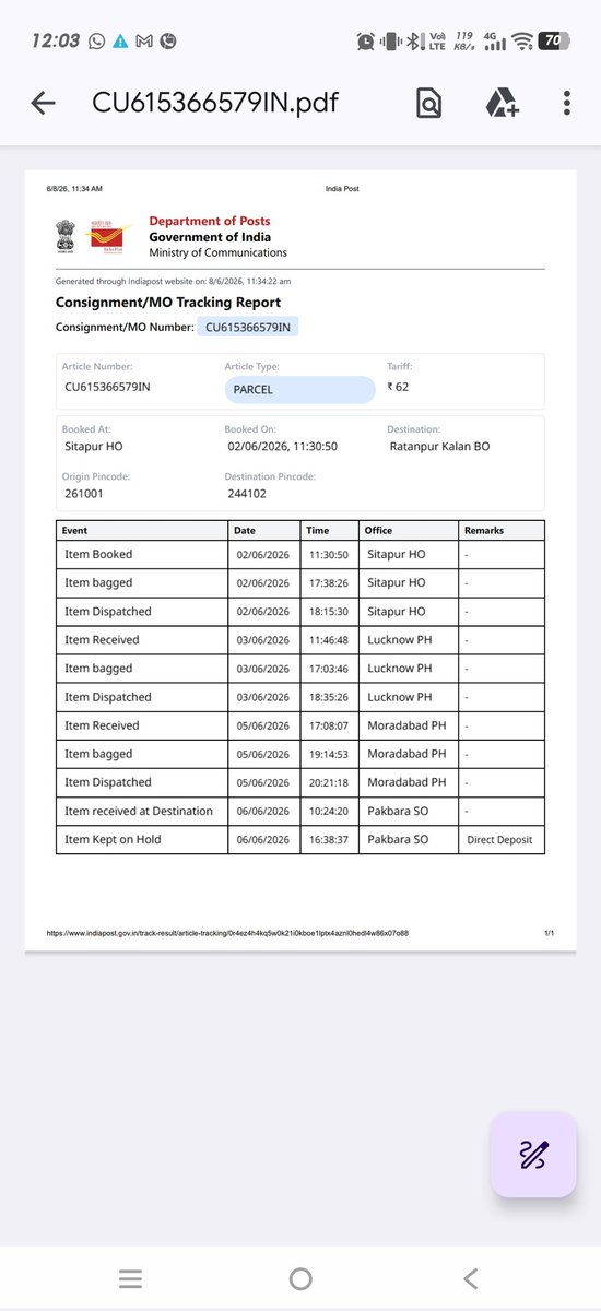 Vishwask18599's tweet photo. @IndiaPostOffice @DoP_India
@PostOfficeUP

Pakwara SO ke tracking mein item hold dikha rha hai, par staff mana kr rha hai ki parcel dhoondhne se mil nhi rha hai, kindly help. 
Booking from 261001 to 244102
Complaint id- 2983564207
Article No- CU615366579IN https://t.co/vryNc2Dlnl