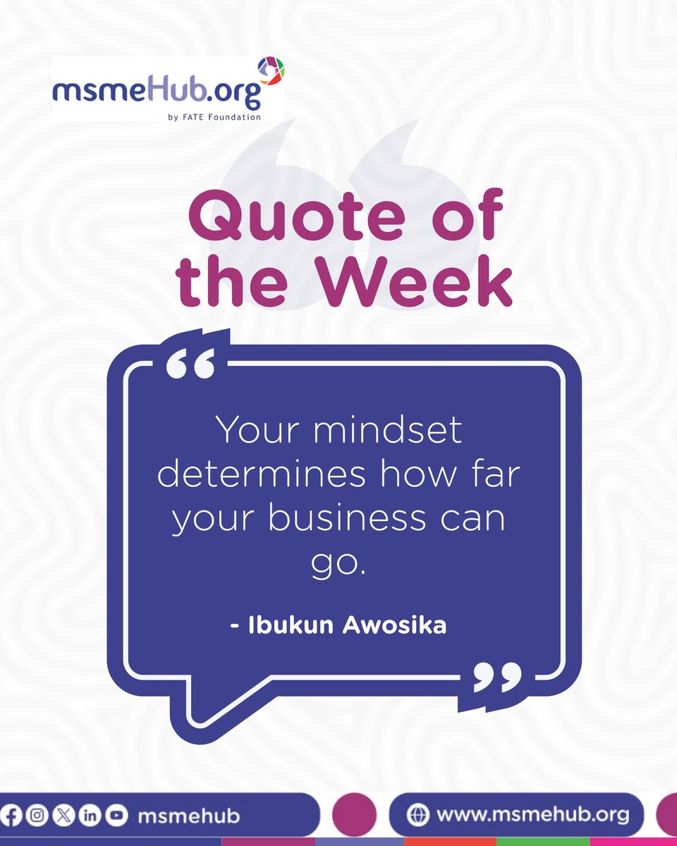 MsmeHub's tweet photo. Your mindset plays a major role in shaping the direction and success of your business. When you think growth, resilience, and possibility, you position yourself to overcome challenges and seize opportunities.

A strong, positive mindset helps you stay consistent, adapt to change, and keep pushing forward even when things get tough. 

Cheers to a great day and week ahead!

#msmeHub