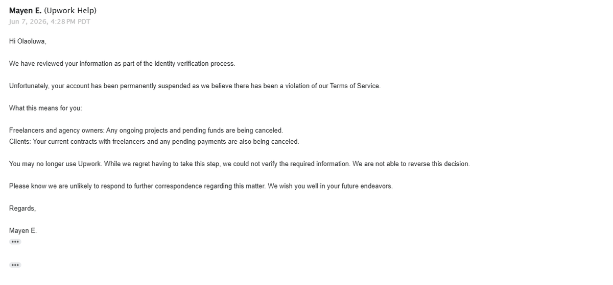 sofftmandem's tweet photo. @Upwork @UpworkHelp 
Your team confirmed my verification was approved, then permanently suspended my account for an unspecified Terms of Service violation. What violation did I commit? I also have earned funds locked in my account. Please review my case. https://t.co/RghPDPHrqb