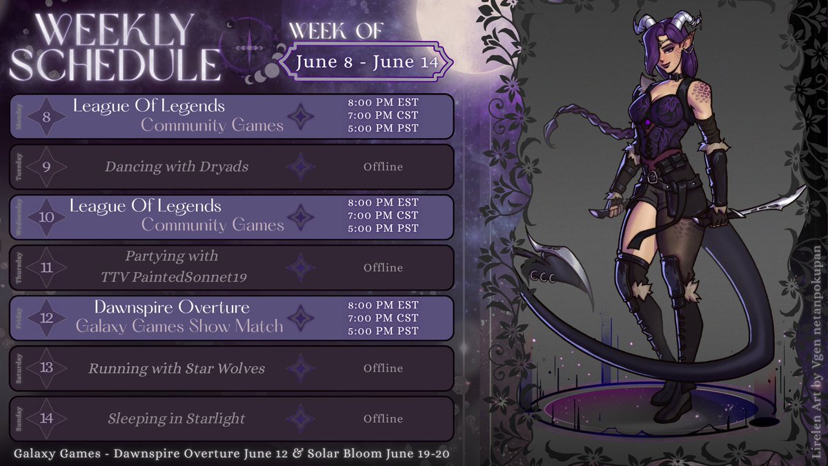 LadyLiltalen's tweet photo. Schedule this week for stream in the Little Galaxy! 💜✨ Community Games Monday and Wednesday, then join us Friday for Shoutcasting the show match! https://t.co/pi2Av2IpO4