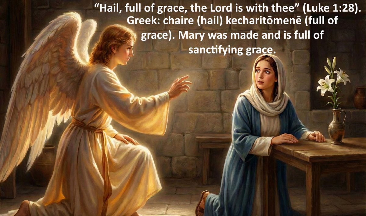 BeHumbleWithGod's tweet photo. @JennyWakefiel12 Mary was saved by God's grace.

God made her "full of grace" at the moment of her conception.

Kecharitomene (κεχαριτωμενη): It is a perfect passive participle, meaning "you who have been perfectly and enduringly graced." https://t.co/u46rqOIMgt