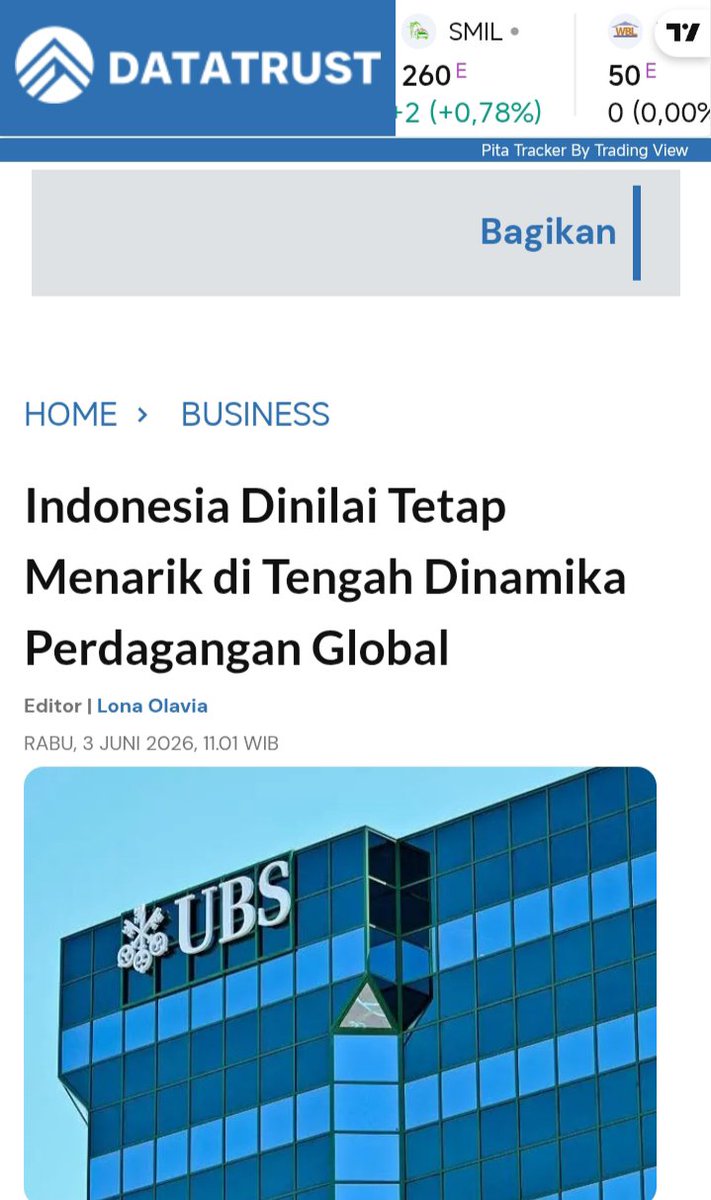 BANGSAygSUJUD's tweet photo. Statement menarik dari UBS, Bank terbesar di dunia yg bermarkas di Swiss, saat acara Asian Investment Conference (AIC) 25+29 Mei 2026,di Singapura &amp; Hong Kong yg dihadiri lebih dari 6.000 investor, "Indonesia dinilai tetap menarik di tengah Dinamika Perdagangan Global"

Kalian? https://t.co/z0qzd4hNub