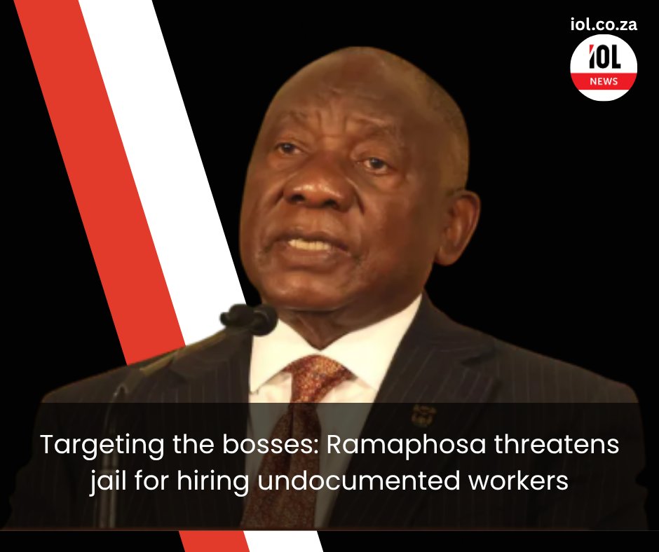 IOL's tweet photo. President Cyril Ramaphosa says employers who hire undocumented migrants will face harsher penalties, including imprisonment, as part of government's intensified efforts to tackle illegal immigration.
Read on https://t.co/tc2Y2SWuH9
#news #RamaphosaWarning #UndocumentedWorkers #LabourLawEnforcement #WorkforceAccountability