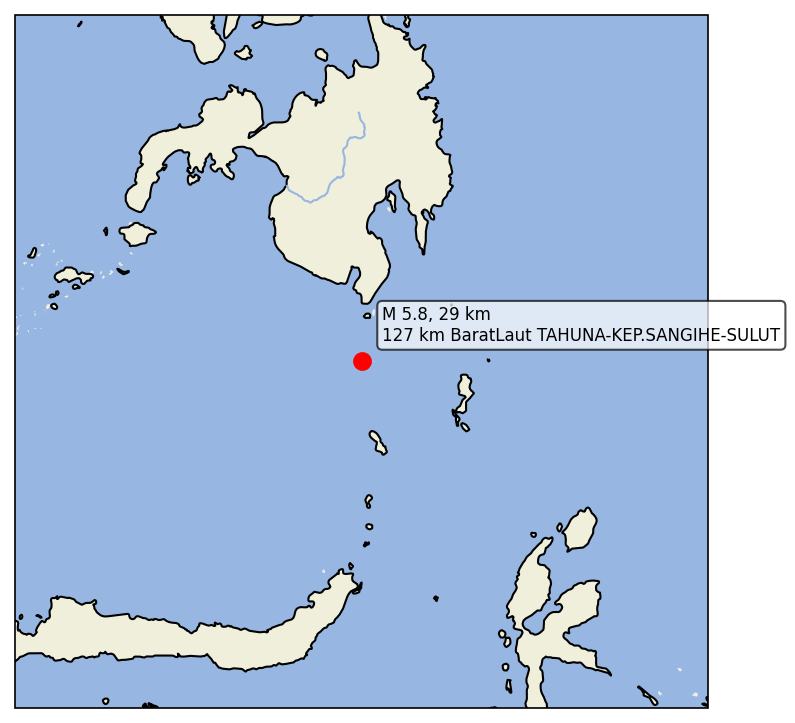 igempa's tweet photo. 08 Jun 2026 11:46:48 WIB
#Gempa M5.8, Kedalaman 29 km,
Pusat: 127 km BaratLaut TAHUNA-KEP.SANGIHE-SULUT
Tidak berpotensi tsunami https://t.co/LdrfZUOJkf