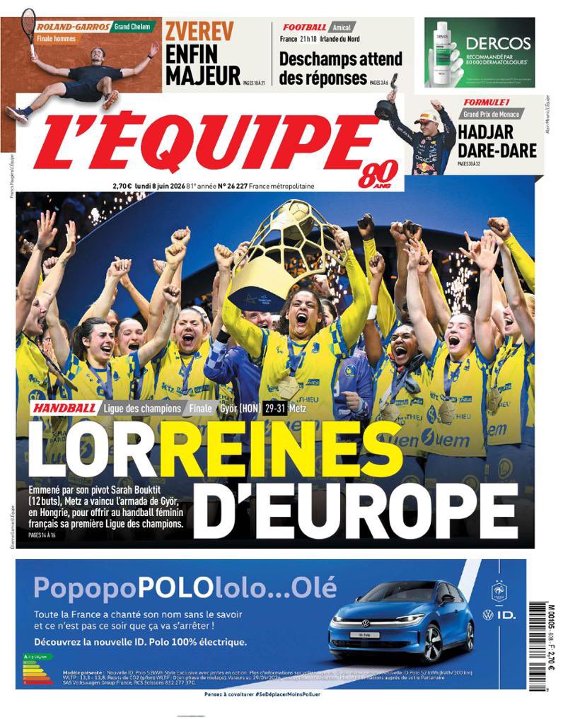 destination2027's tweet photo. Roland-Garros cata…
Pour la 1ère fois de son histoire, "L’Equipe" ne fait pas sa Une sur le vainqueur du tournoi mais sur l’équipe féminine de handball de Metz 🤔 https://t.co/Sps1XMsTaP