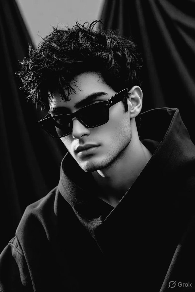 HumanBeing34061's tweet photo. Prompt :- 

 Ultra-realistic cinematic fashion portrait of a stylish young man wearing a plain black oversized hoodie and sleek black rectangular sunglasses, leaning slightly forward with a confident and mysterious expression. Sharp jawline with light stubble beard, well-groomed facial hair, naturally textured messy black hair with soft volume and loose curls. Shot from a close-up three-quarter angle, emphasizing facial structure and modern streetwear aesthetics.