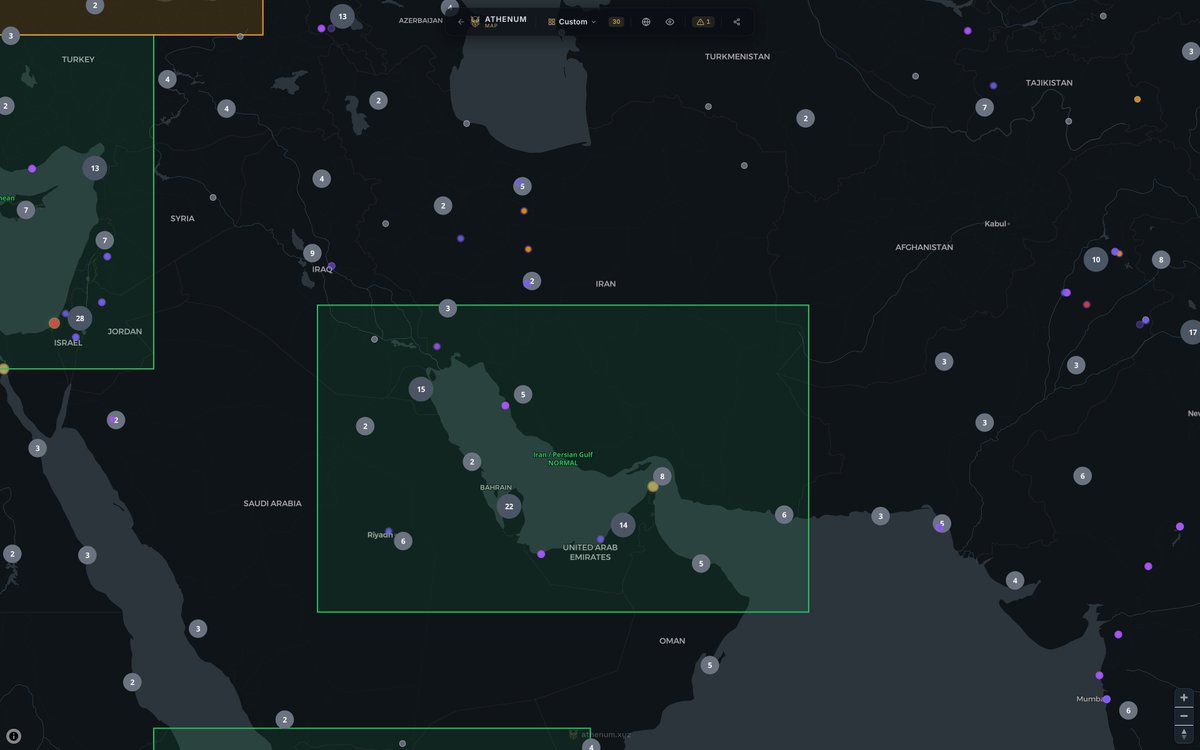 AthenumMap's tweet photo. ATHENUM WORLD MAP

Iran · Geopolitical Risk

Iran launched a missile salvo toward Israel in the past hour, with debris reported over Jordan after at least one interceptor engagement, according to Al Jazeera.

Intel Hotspots flare across Iranian territory, tracking the launch corridors and command activity.

Nuclear Sites map the strategic facilities now exposed to retaliatory calculus.

Military Bases trace the regional staging points feeding the exchange.

Source: https://t.co/1bdqzjwctP