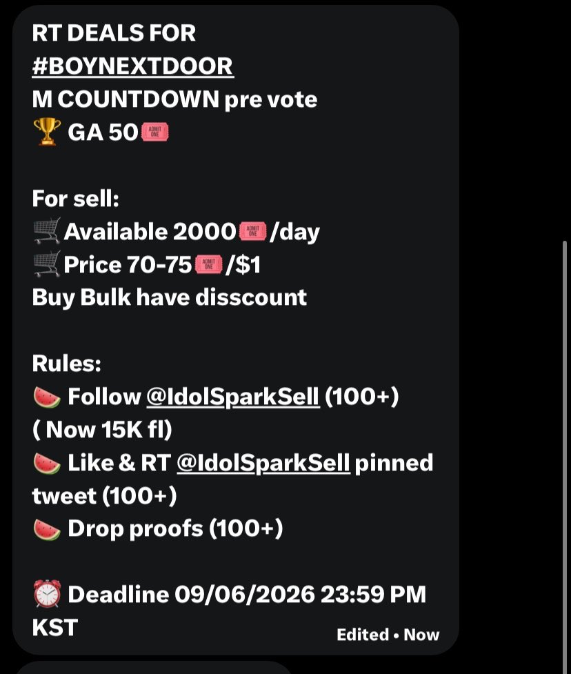 taesaniyooo's tweet photo. RT DEALS FOR 
#BOYNEXTDOOR
M COUNTDOWN pre vote 
🏆 GA 50🎟️

For sell: 
🛒Available 2000🎟️/day
🛒Price 70-75🎟️/$1
Buy Bulk have disscount 

Rules:
🍉 Follow @IdolSparkSell (100+) ( Now 15K fl)
🍉 Like & RT @IdolSparkSell pinned tweet (100+)
🍉 Drop proofs (100+)

⏰ Deadline 09/06/2026 23:59 PM KST