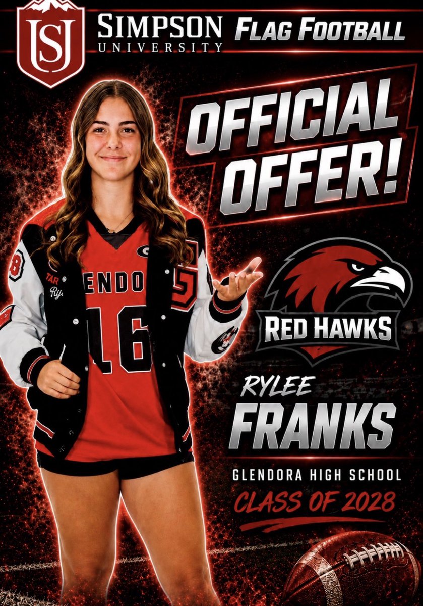 franks_rylee's tweet photo. Honored and grateful to receive my first collegiate flag football offer from Simpson University! Thank you Coach Rob and Coach Mann for this incredible opportunity! @SimpsonU 
Go Red Hawks! 🏈❤️

#RyleeFranks #ClassOf2028 #FlagFootball #Recruiting #StudentAthlete #AG3Elite https://t.co/tRDy7VB42u