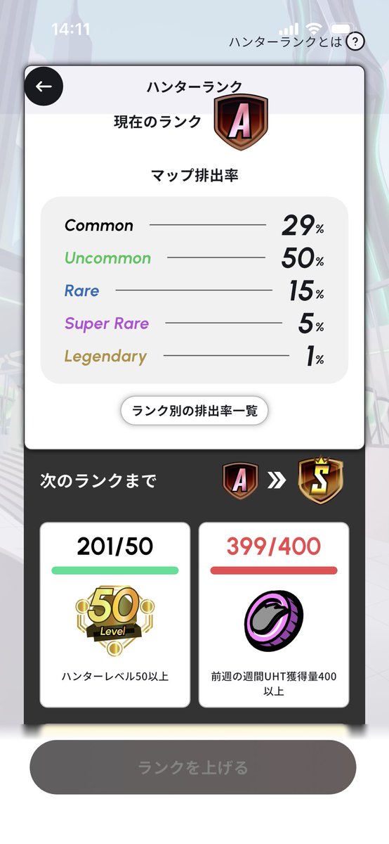meta_k2's tweet photo. Sランク到達おめでとうございます🎉

私は先週、
399 / 400 UHT

という伝説的な数字を叩き出してSランクから降格しました🤣

あと1UHT。。。

Sランク昇格してから初めての降格...
忙しさを言い訳に怠けているとこうなります😂

今週はSランク復帰目指して頑張ります💪

#ヘルスリー
#HEAL3
#M2E https://t.co/PQ62sKxArS