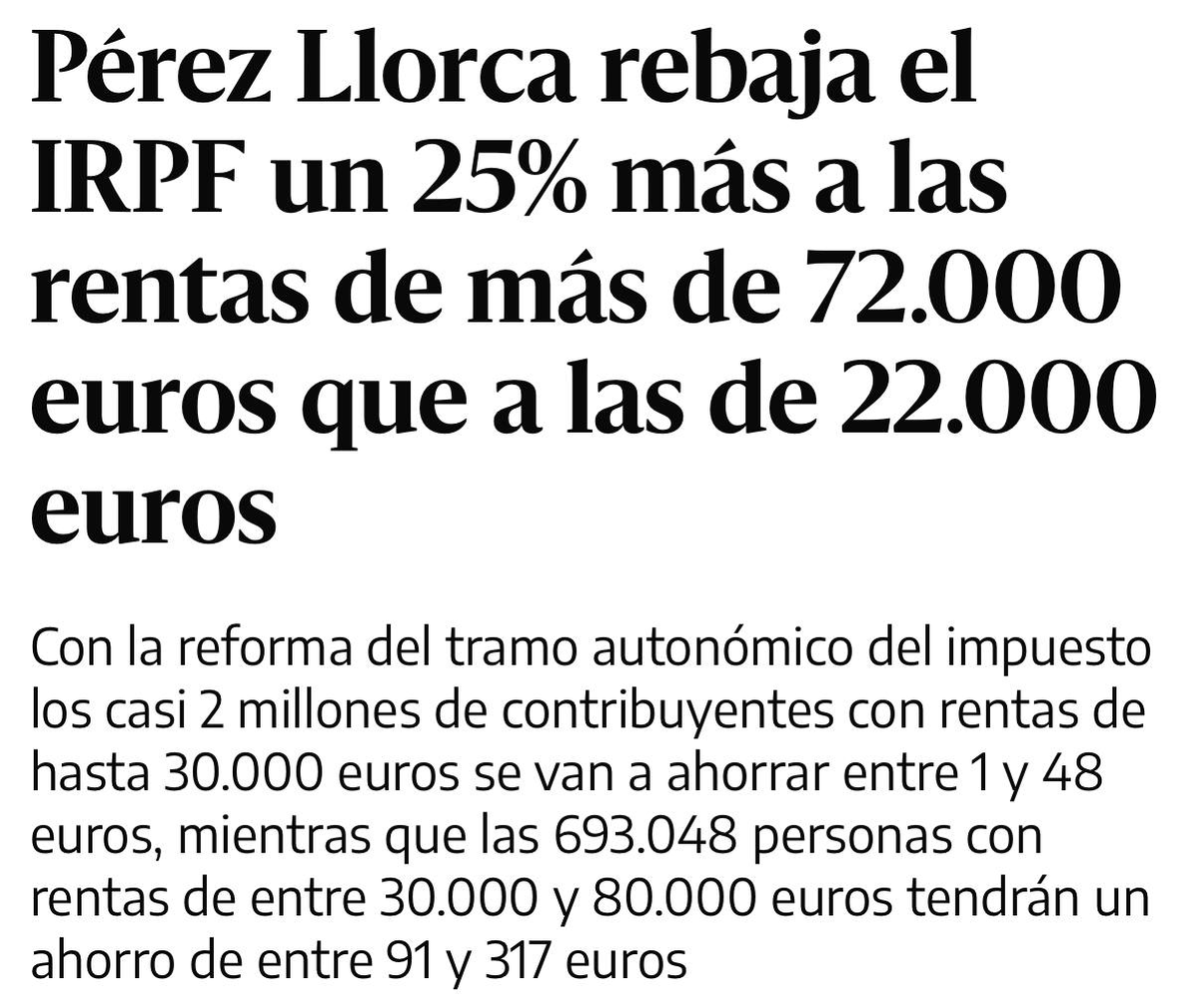 JulenBollain's tweet photo. Pérez Llorca rebaja el IRPF en Valencia:

- A casi 2 millones de personas con rentas de hasta 30.000 euros les rebaja entre 1 y 48 euros.
- A las rentas de 30.000 a 80.000 euros, hasta 317 euros.

Luego dirá que no hay dinero para pagar a los profesores. Este es el modelo del PP. https://t.co/Vm5bR3tf9J