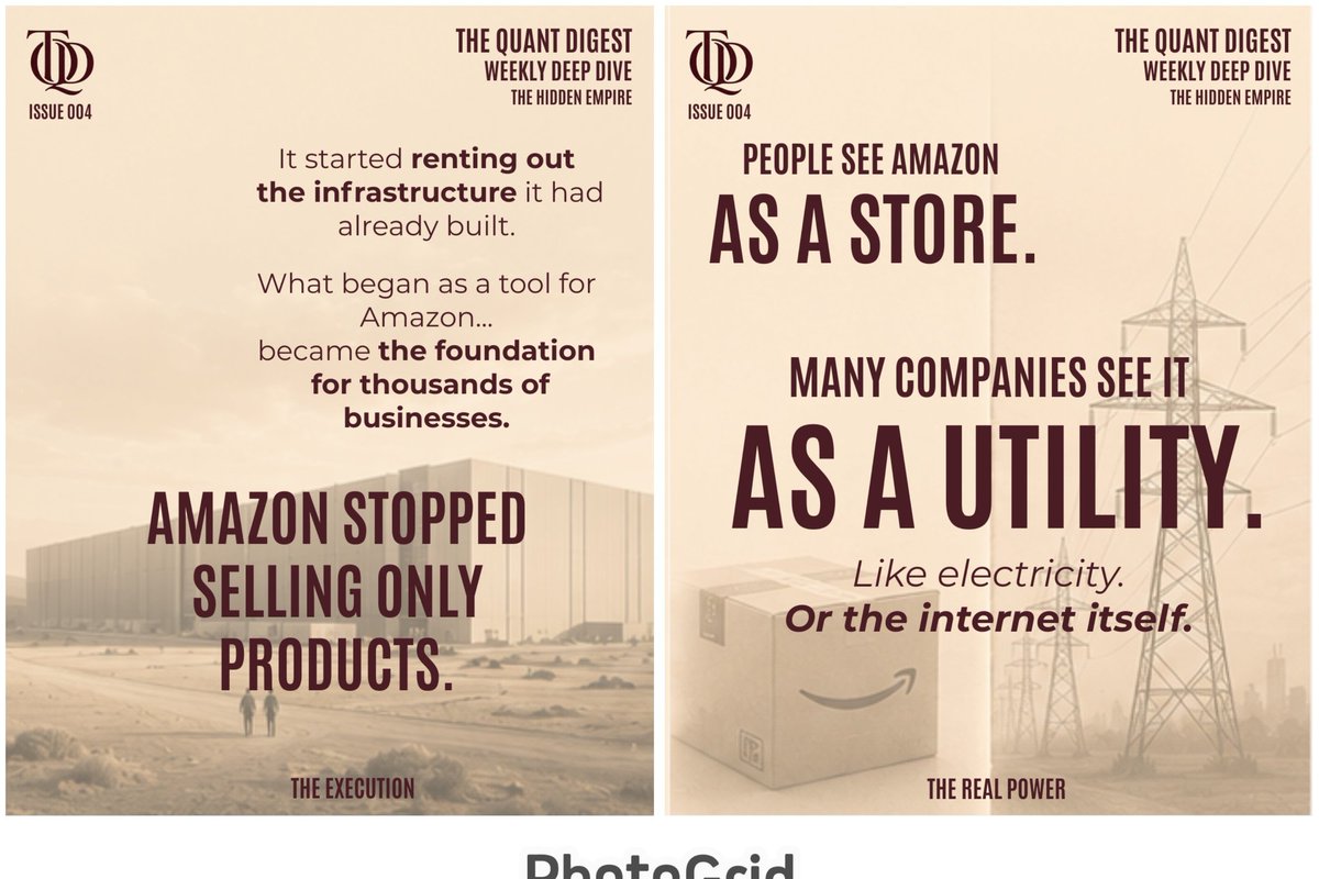TheQuantDigest's tweet photo. Most people think Amazon is a shopping company.

But you can use Amazon all day without opening Amazon. The store gets the attention. The infrastructure gets the power.

#Amazon #BusinessStrategy #Technology #Economics #Investing https://t.co/1jNI2yKiul
