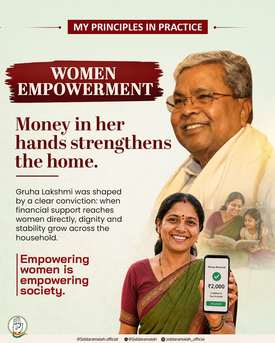 siddaramaiah's tweet photo. Women’s empowerment begins when support reaches them directly.

Gruha Lakshmi was built on this belief - that financial assistance in a woman’s hands strengthens not just her, but the entire household.

When women gain dignity, stability and confidence, society moves forward.

#MyPrinciplesInPractice #GruhaLakshmi #WomenEmpowerment