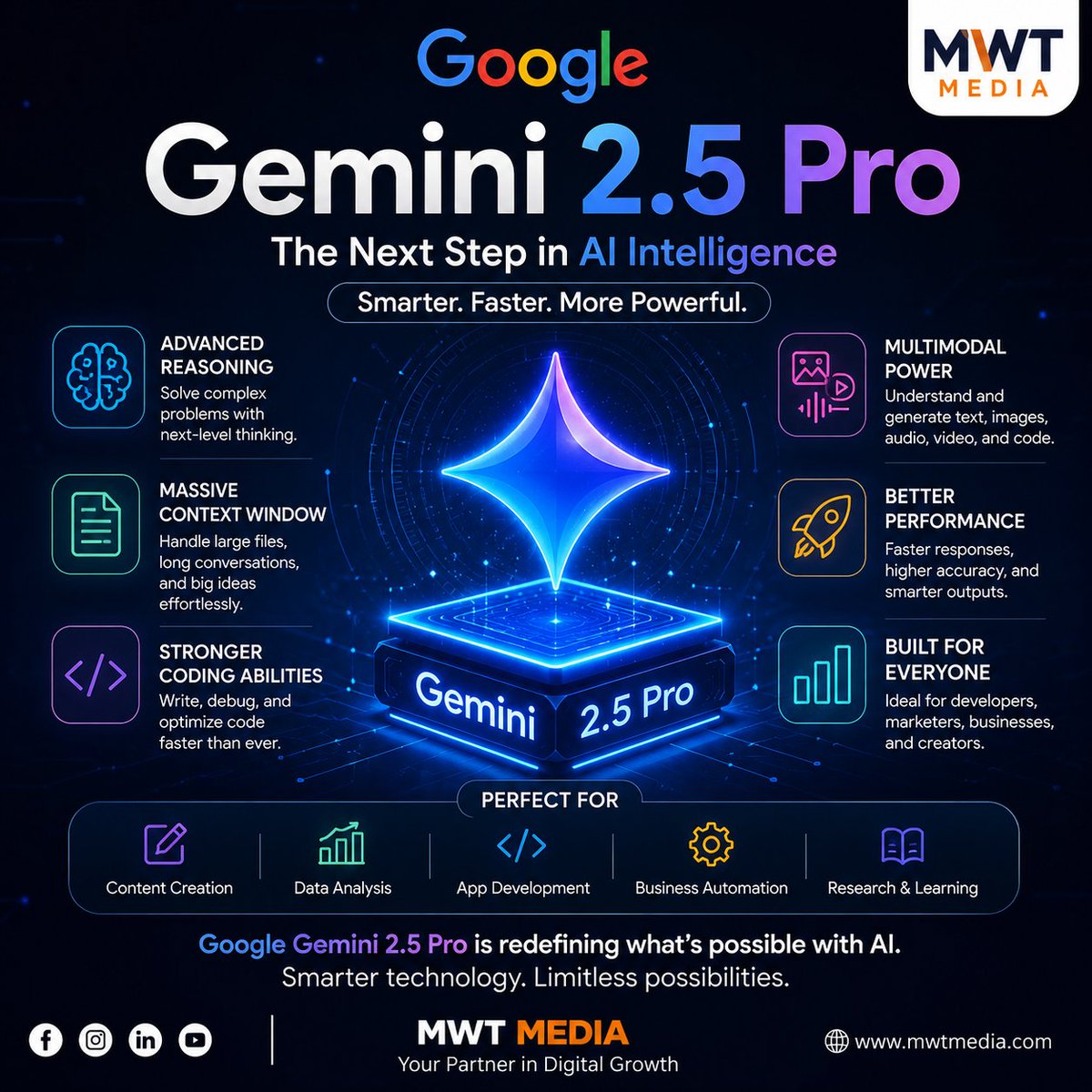 mwt_media's tweet photo. Gemini 2.5 Pro is Google's smartest AI — and it's not even close.

→ Ranked #1 on coding &amp; web dev benchmarks
→ 1 million token context
→ Beats OpenAI &amp; DeepSeek in reasoning

The future of AI development is here. 🔥

#Gemini25Pro #GoogleAI #MWTMedia #TechNews https://t.co/YYfQBOUWLj