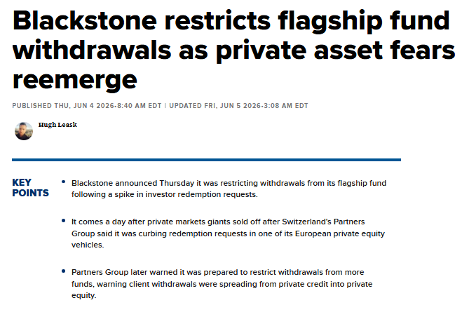 Barchart's tweet photo. BREAKING 🚨: Private Credit

Another one!! Blackstone, which manages $1.3 Trillion in Assets, just restricted withdrawals from its flagship private credit fund 🤯👀