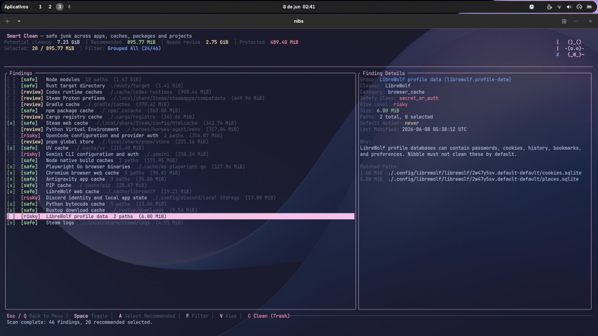 danitsdev's tweet photo. eae galera, lancei a primeira alpha do Nibs 🐭

cleaner TUI pra Linux inspirado no Mole, feito pra achar cache, logs, builds, lixeira e sobras de apps sem apagar coisa importante.

ainda tá inicial, mas quem puder testar ou deixar uma star ajuda demais ⭐

https://t.co/fjnEnroRpo https://t.co/3U783dyqTM