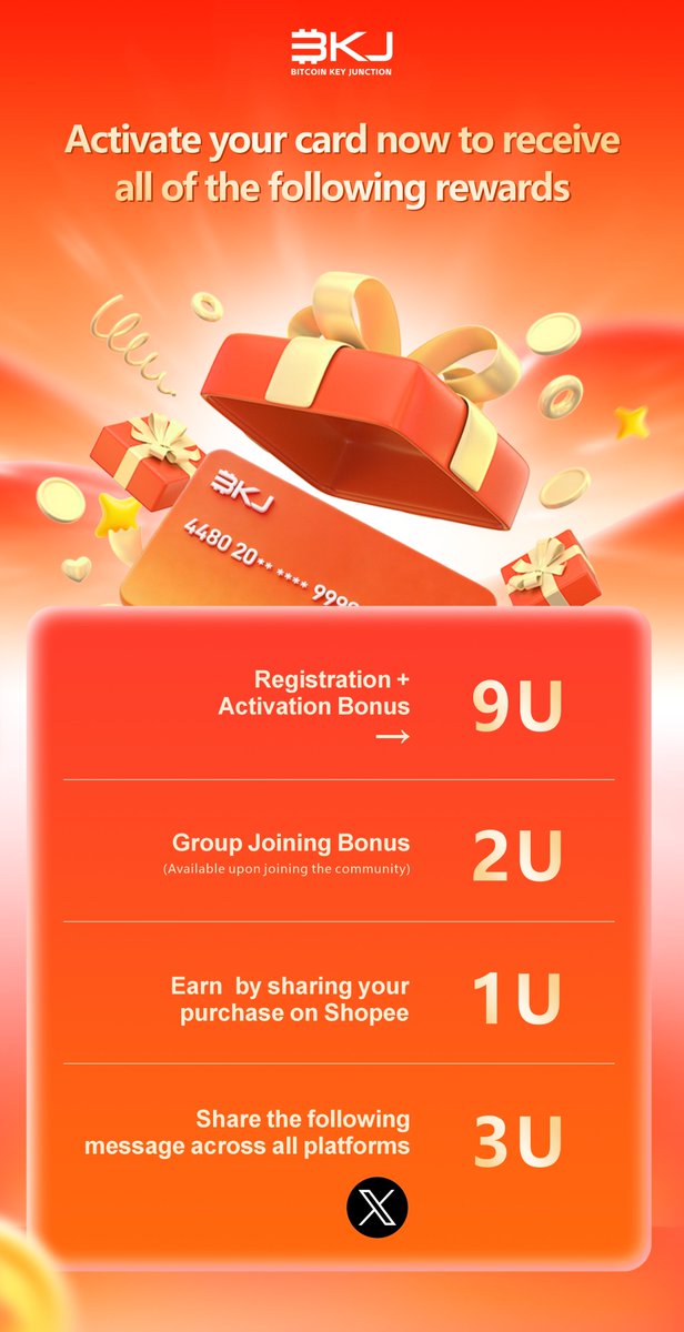 BKJCard's tweet photo. I Speak for BKJ! 🔥
Exclusive BKJ Card rewards are here!
🎉 For new users only. Activate your card and get:
① Sign up + Activate → 9U
② Join community → 2U
③ Share Shopee purchase → 1U
⚠️ Note: Activating your BKJ Card is the key to unlocking ALL "Earn With BKJ" rewards. Users without a BKJ Card can only join limited activities and will not receive full benefits.
📌 Rules:
1.This campaign is only for users who activate their BKJ Card on or after June 1, 2026.
Repost this message on X (Twitter) and @5 friends +UID
→ Your account must have 20+ followers 
→ Take a screenshot and submit the form 
→ Get 3U after approval
2.Rewards will be credited to your BKJ account in USDT.
👇 Forwarding form link:
https://t.co/uar0NxCCri
ps： If the form does not open in X, please copy the link and open it in Chrome browser.