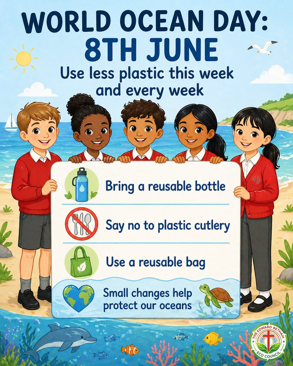 EdwardBethamSch's tweet photo. Happy World Ocean Day! Small changes can make a big difference to protecting our oceans. Together, we can all play a part in caring for our planet.
#WorldOceanDay #ProtectOurOceans #ReducePlastic #OceanConservation #Sustainability #EcoSchools #SmallChangesBigDifference https://t.co/rpoFgp3xWh