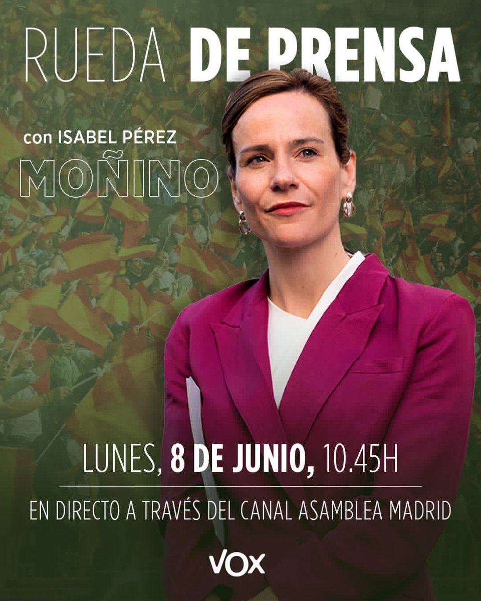 VoxCentro's tweet photo. No te pierdas las declaraciones de nuestra portavoz de VOX en la Asamblea de Madrid, @Isabelperezmoi1 @madrid_vox  este lunes a partir de las 10:45h ¡te esperamos!
#vox #voxcentro https://t.co/8bxmaI4sQs