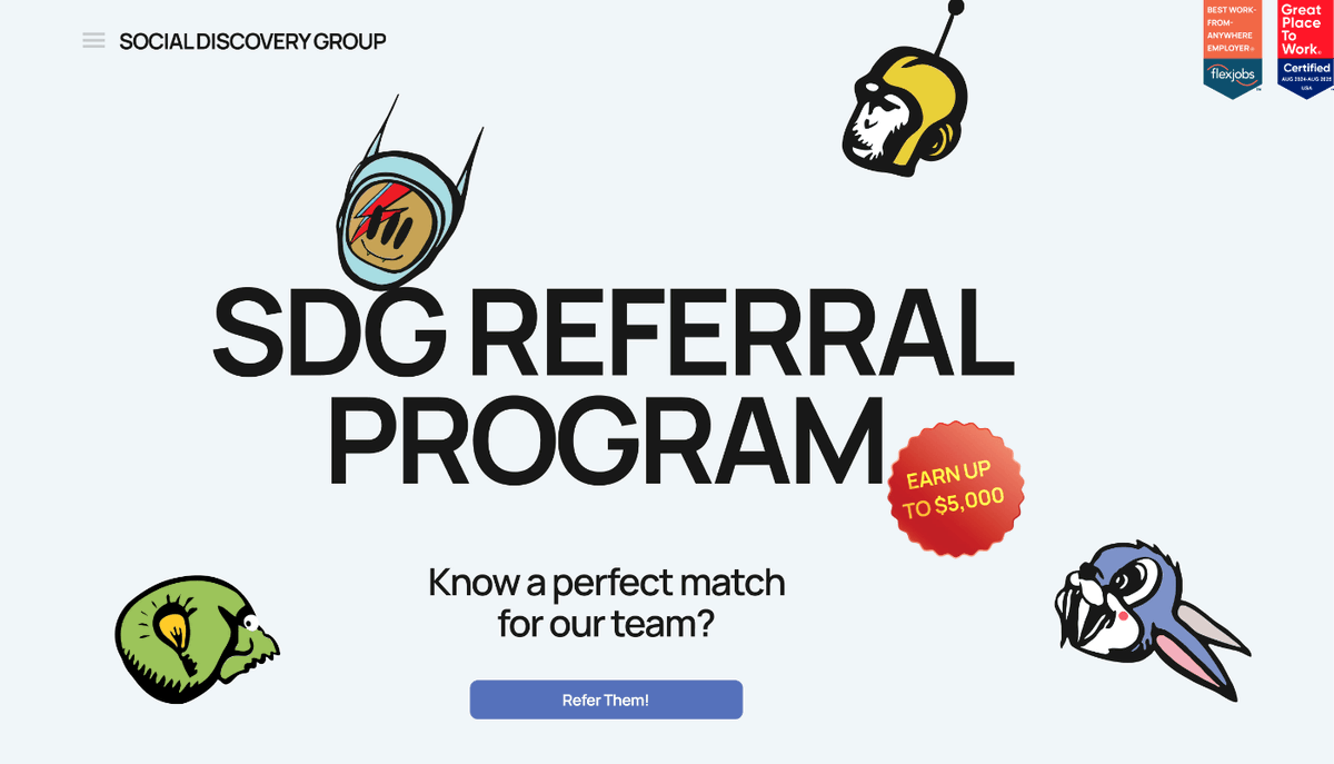 hackernoon's tweet photo. Social Discovery Group offers an employee referral program where you can earn up to $5,000 when someone you refer completes probation.
#corporateculture #referralprograms...Show more https://t.co/1cpogrqIyC