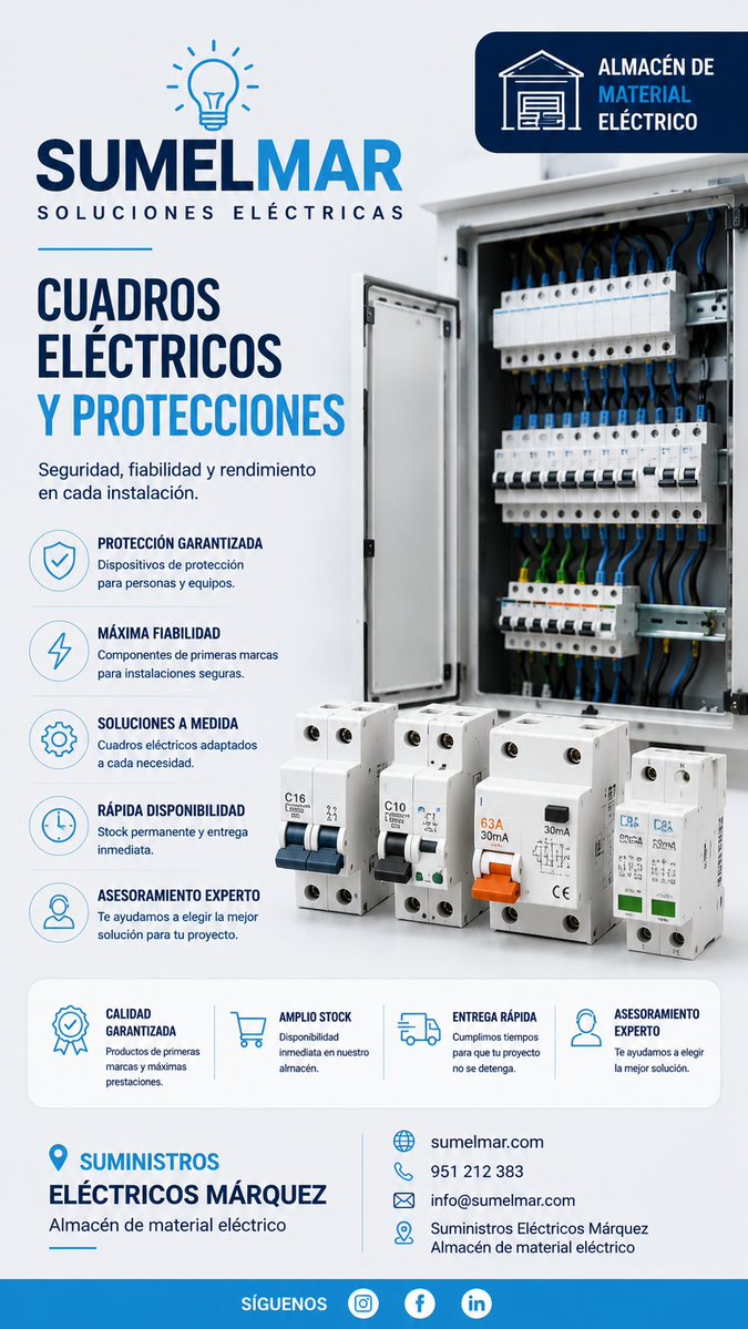 Sumelmar's tweet photo. ⚙️ Componentes esenciales para cuadros eléctricos e instalaciones de baja tensión.
Bornas, protección magnetotérmica, fijación y accesorios.
📍 Suministros Eléctricos Márquez
Almacén de material eléctrico
🌐 https://t.co/ye3ojQCw3t
📞 951 212 383
📧 info@sumelmar.com
#sumelmar https://t.co/01Fyv3BWma