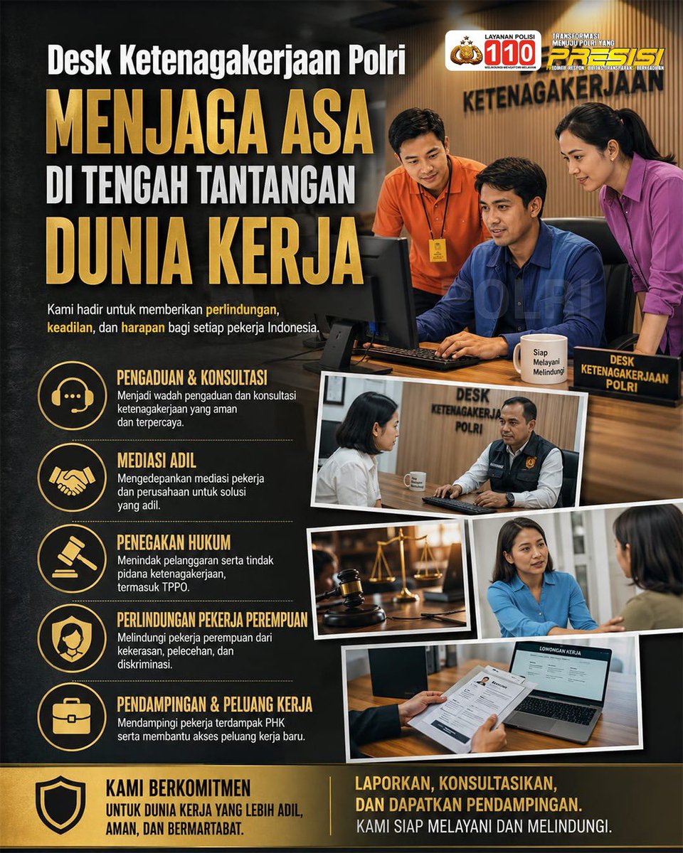 Res1Tulungagung's tweet photo. Desk Ketenagakerjaan Polri hadir sebagai ruang perlindungan dan pendampingan bagi para pekerja Indonesia. Melalui layanan pengaduan, konsultasi, dan mediasi, berbagai persoalan ketenagakerjaan dapat ditangani secara lebih mudah, aman, dan terpercaya. #DeskKetenagaKerjaan https://t.co/bU0FJ15a9V