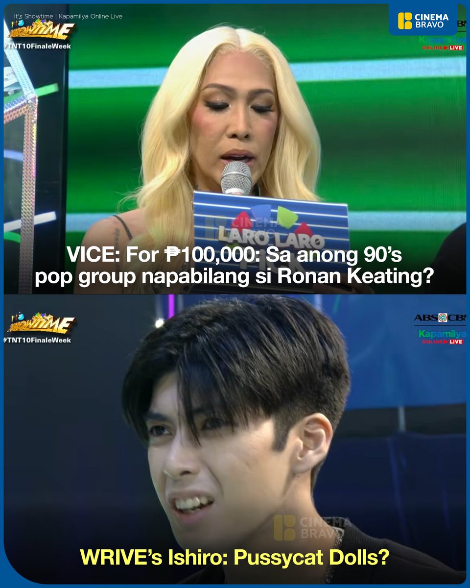 cinemabravoph's tweet photo. ₱100,000 JACKPOT QUESTION:
"Sa anong 90’s pop group napabilang si Ronan Keating?"

WRIVE's Ishiro: "Pussycat Dolls?"

📺 It's Showtime
#ItsShowtime #ViceGanda #Wrive #ppop @wrive_ishiro https://t.co/U91M3GAD7a