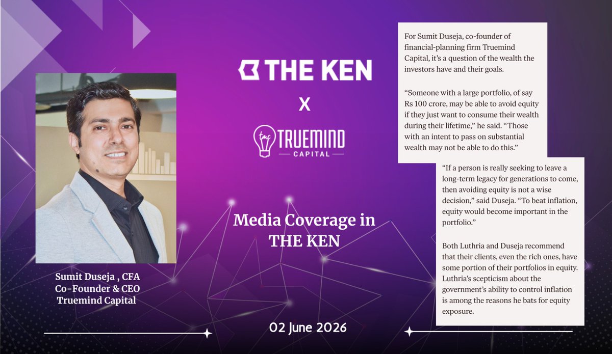 TruemindC's tweet photo. Can a wealthy investor afford to avoid #equity altogether?

In a recent feature in @TheKenWeb, @Sumit_Duseja, CFA, Co-Founder &amp; CEO, 𝗧𝗿𝘂𝗲𝗺𝗶𝗻𝗱 𝗖𝗮𝗽𝗶𝘁𝗮𝗹, discusses how the answer depends on two key factors: the investor's wealth and their long-term goals. https://t.co/SmWILFYh8F
