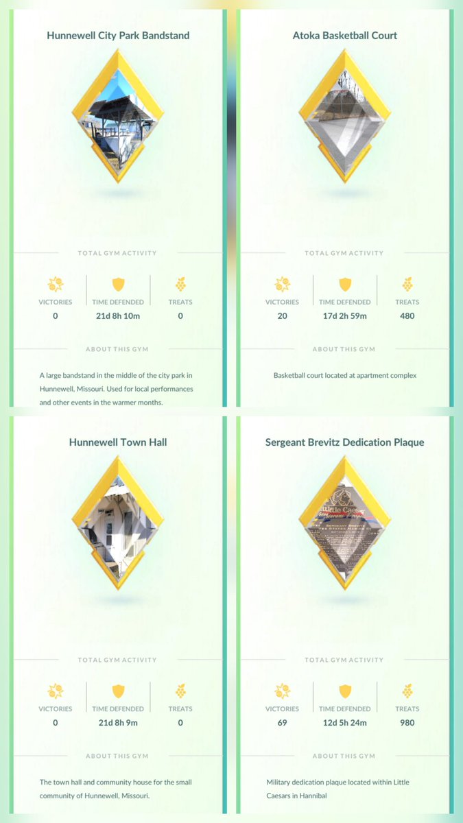 Mike_Brantner's tweet photo. 5 new gold gyms. #307-311. 1 in Philadelphia, MO, 2 in Hannibal, MO &amp; 2 in Hunnewell, MO. #pokemongoapp https://t.co/ykaVtF9k4h