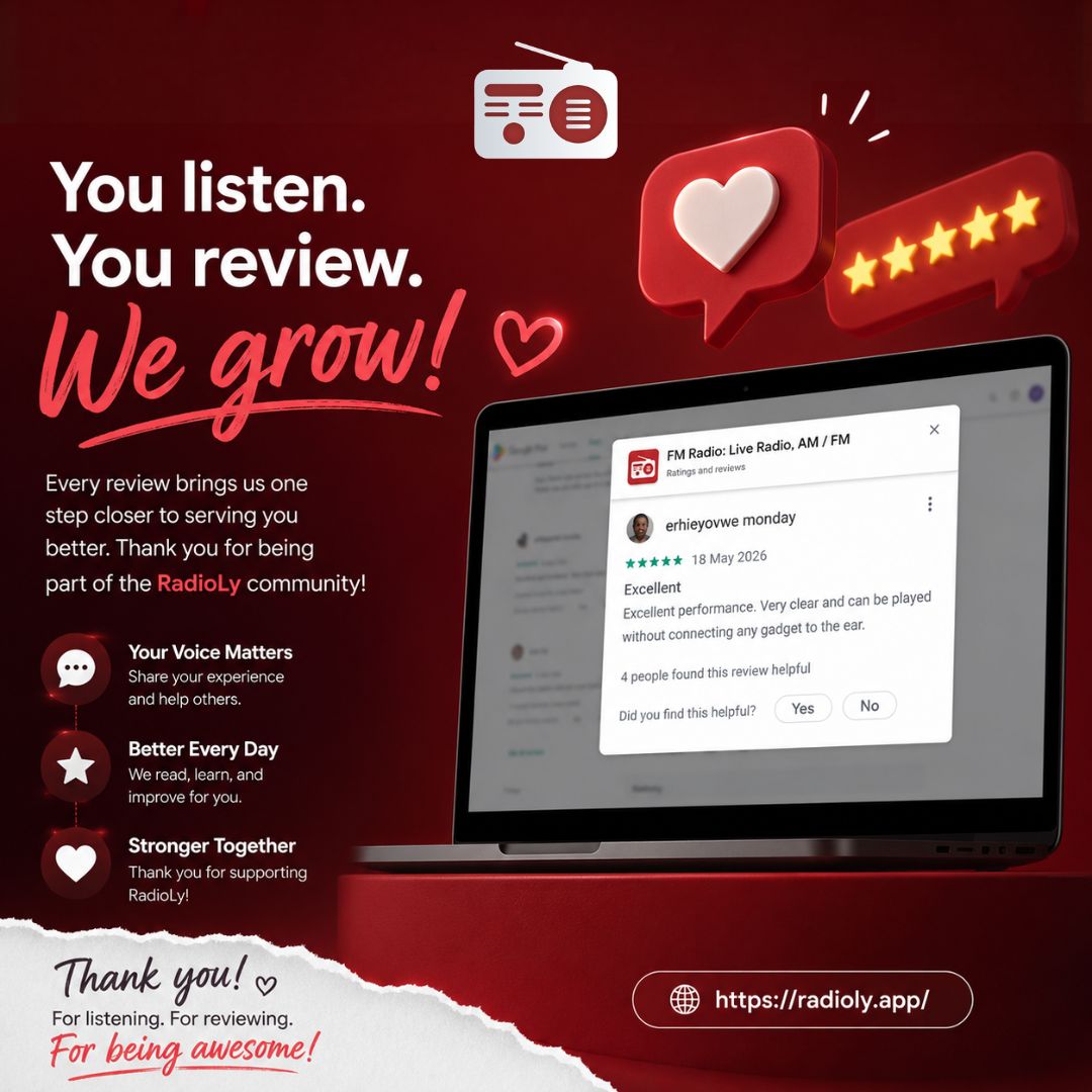 RadioLyApp's tweet photo. Thank you for being part of the RadioLy community! Every review helps us improve, deliver a better listening experience &amp; bring you the best live radio content. Share your feedback, support RadioLy, and help others discover their favorite stations. Your voice truly matters!🎶💬 https://t.co/s1s4mG9KA8