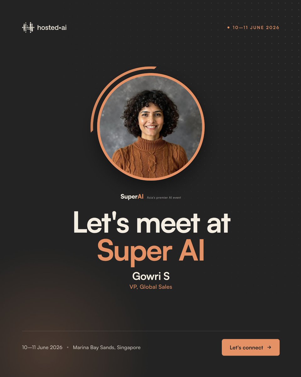 hosted_ai's tweet photo. Meet our VP Gowri Sethu at @superai_conf  this week

She'll be at Marina Bay Sands June 10-11

Set up a meet : https://t.co/4jpkEuPLFZ

#SuperAI2026 #SingaporeAIWeek https://t.co/kl5mZVdm5a