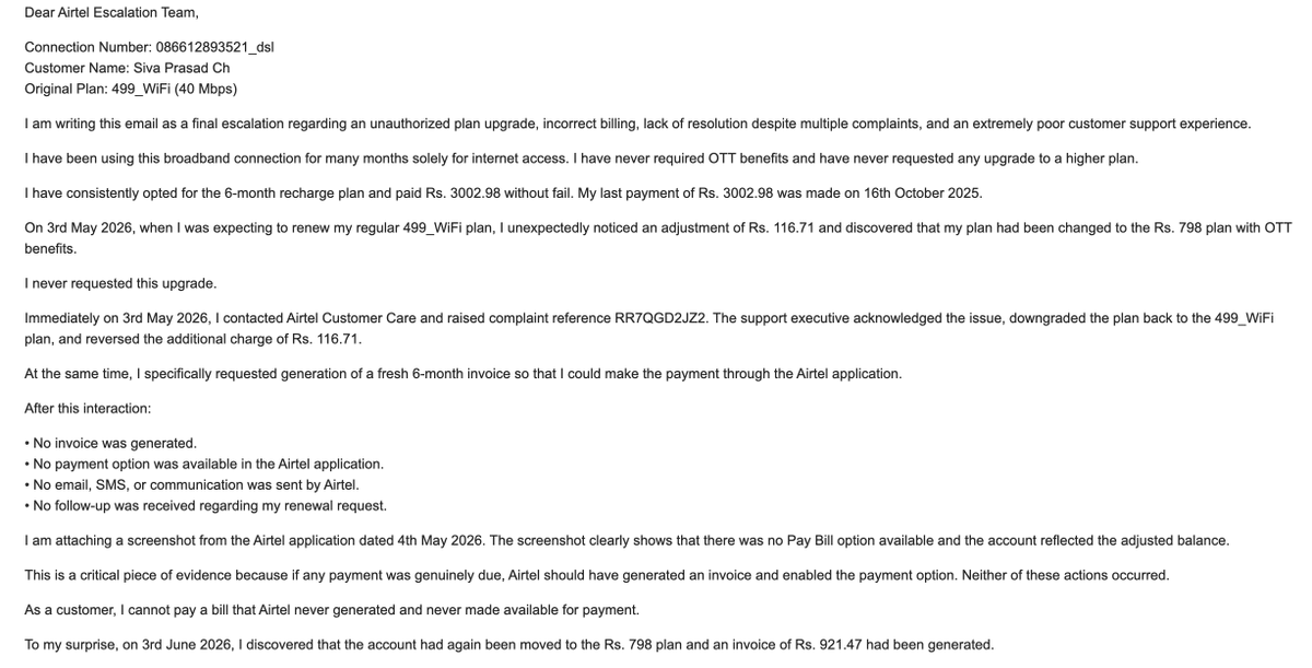 chashokkumar's tweet photo. @Airtel_Presence My broadband connection (499_WiFi plan) was upgraded to ₹798 without my consent. Airtel reversed ₹116.71 on May3rd after Complaint RR7QGD2JZ2, but no invoice/payment option was provided. again billed me ₹921.47 under the ₹798 plan.  #Airtel #ConsumerRights https://t.co/fH3qt7tHTj
