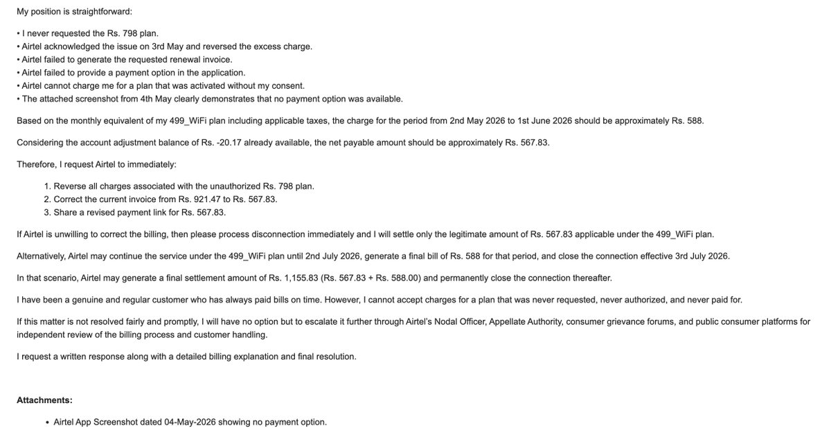 chashokkumar's tweet photo. @Airtel_Presence My broadband connection (499_WiFi plan) was upgraded to ₹798 without my consent. Airtel reversed ₹116.71 on May3rd after Complaint RR7QGD2JZ2, but no invoice/payment option was provided. again billed me ₹921.47 under the ₹798 plan.  #Airtel #ConsumerRights https://t.co/fH3qt7tHTj