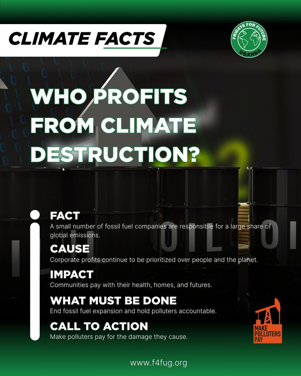 Fridays4FutureU's tweet photo. The planet is not warming by accident.

Floods, droughts, fires, and storms all have a cause and it is not “just nature.”

Fossil fuel corporations have known the damage for decades. They chose profit over people.

Africa contributed the least to this crisis, yet we suffer some of the worst impacts.

This is climate injustice.

We are told it affects everyone equally, but it doesn’t. Those least responsible are paying the highest price.

Our rivers are not oil fields. Our land is not a sacrifice zone. Our future is not for sale.

Make polluters pay.
End fossil fuel expansion.
Fund a just transition.

The era of silence is over.

#climatejustice #makepolluterspay #justtransition #stopeacop #climateaction #peopleoverprofit