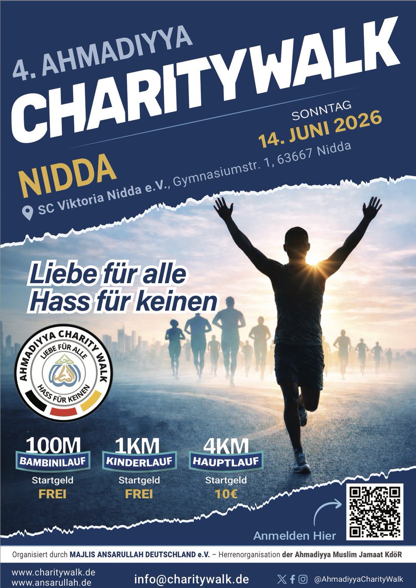 ahmadiyyacw's tweet photo. Gemeinsam Gutes tun. Sei dabei beim 4. Ahmadiyya Charity Walk, organisiert von @ansarullahDe, der Herrenorganisation der @AhmadiyyaDE – am Sonntag, den 14. Juni 2026, in #Nidda.
Anmeldung unter:
https://t.co/eFQntKANZF

Jetzt anmelden und mitlaufen!

#ahmadiyyaCharityWalk https://t.co/vq5vMXrnpf