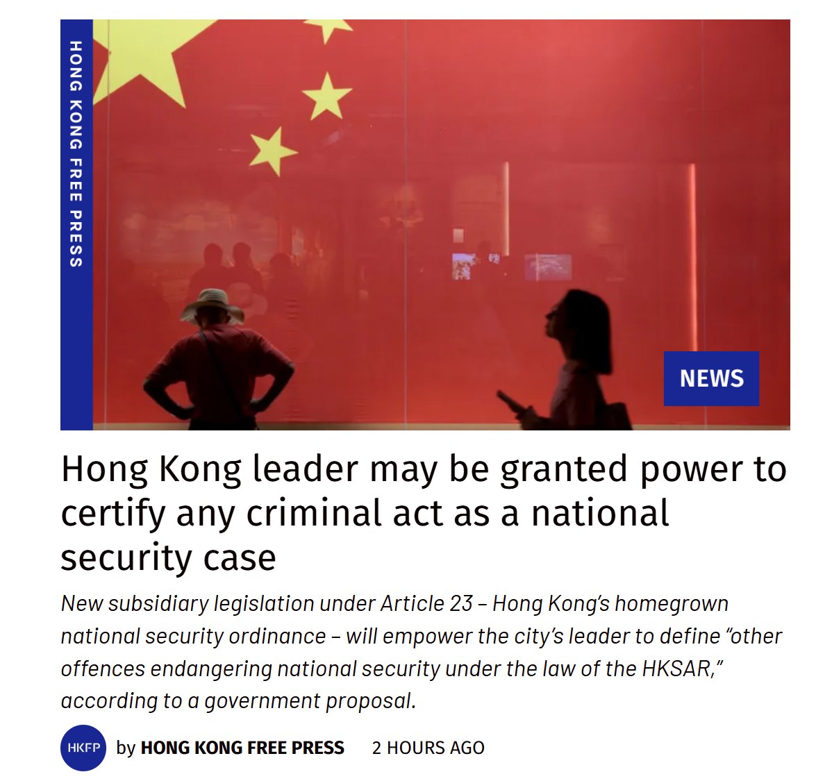 tomgrundy's tweet photo. Under a new update to the local security law, Hong Kong's leader will be able to declare any criminal act a national security case. https://t.co/vb6qK0eYxb 

That comes will all the trimmings: The security law allows handpicked judges and closed-door hearings for national security cases, trials without juries, and a higher bar for bail.