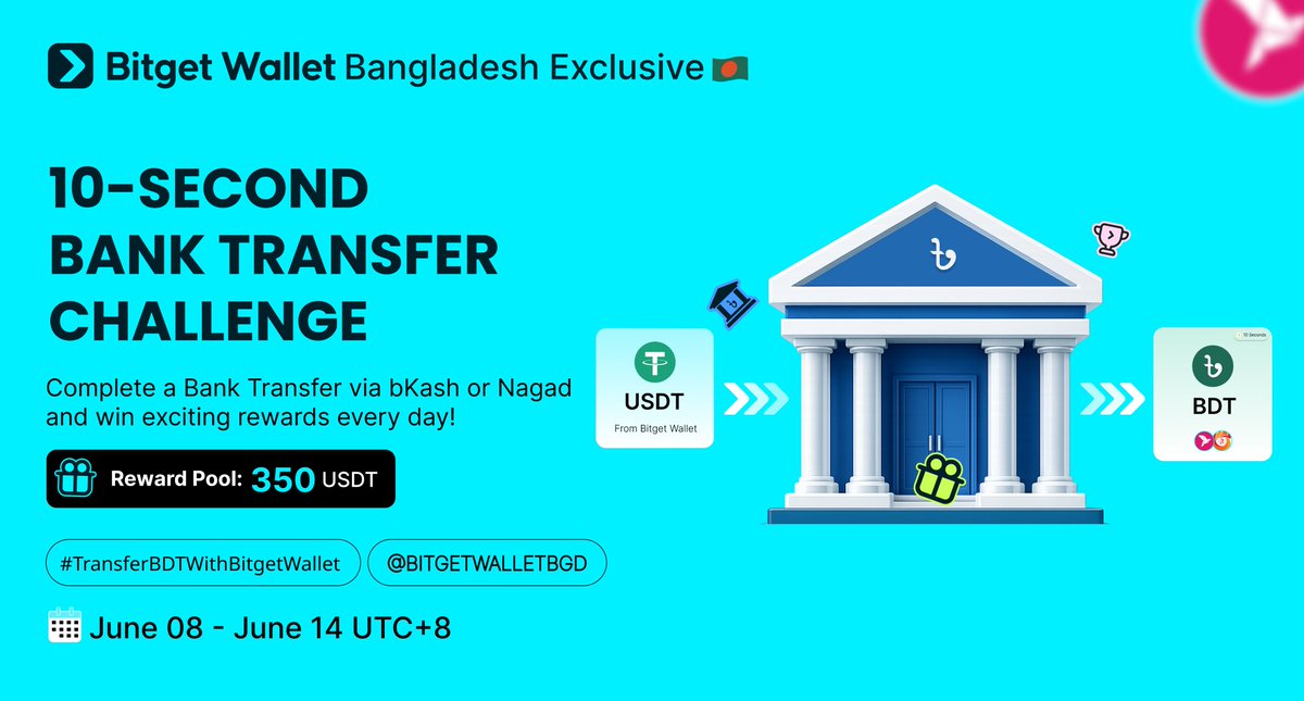 BitgetWalletBGD's tweet photo. 🚀 10-Second Bank Transfer Challenge — Bangladesh Exclusive 🇧🇩

Complete a Bank Transfer with Bitget Wallet and win rewards 🎁

💰 10 winners every day × 5 USDT 

🗓 Campaign Duration: June 8 – June 14

✍️ How to Participate:
✅ Complete a Bank Transfer via bKash or Nagad
✅ Record a short screen video of your transfer
✅ Post it on X with @BitgetWalletBGD & #TransferBDTWithBitgetWallet
✅ Submit via Google Form : https://t.co/fLJhDyiRse

🔥 Join the challenge and show how fast your Bank Transfer can be!

👉 Join Now: https://t.co/YUx8BoQH5j