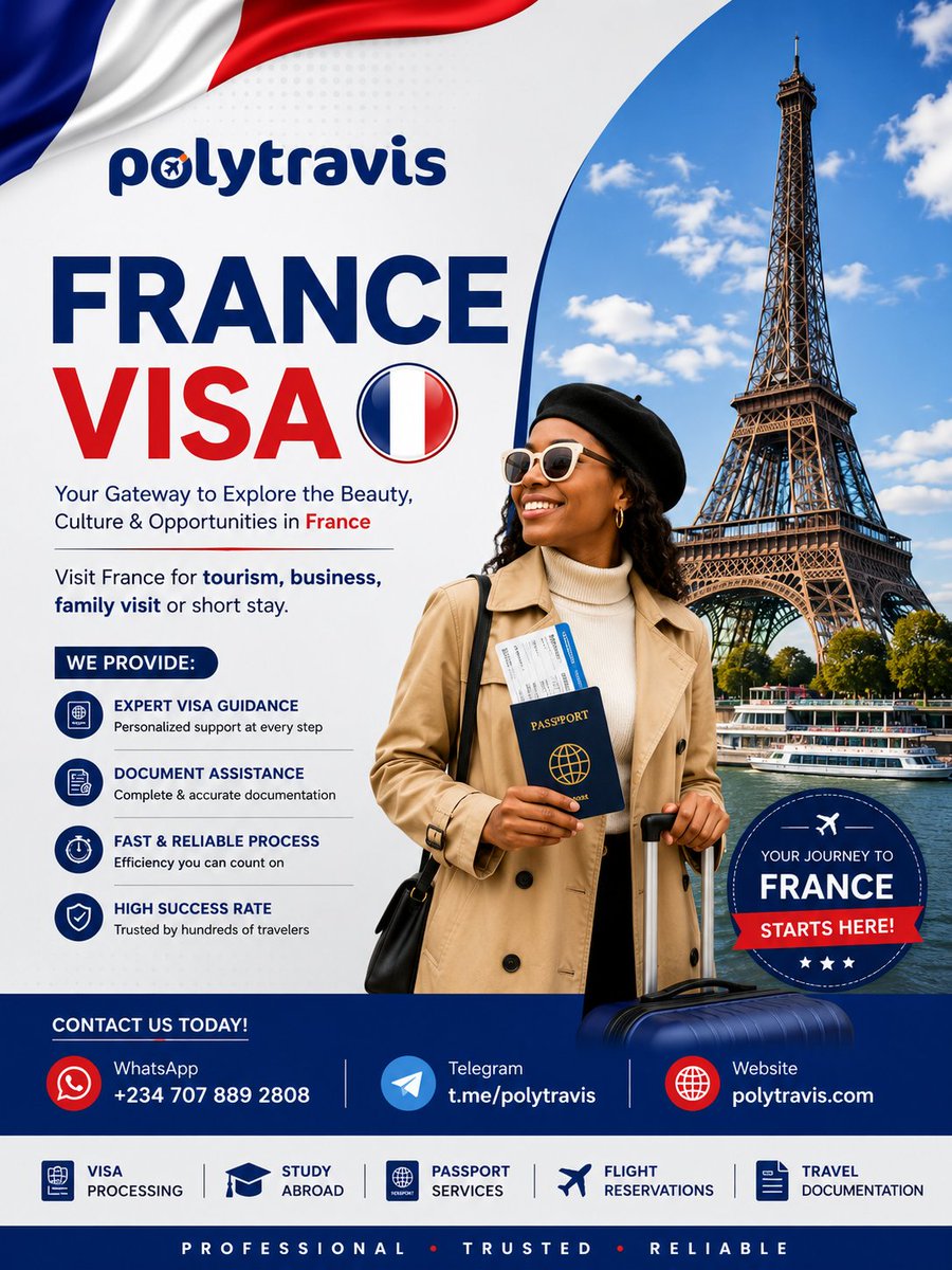 Polytravis's tweet photo. ๐ซ๐ท France Visa Made Easy with Polytravis! โ๏ธ
Ready to visit France for tourism, business, or family visits? Let our experts guide you through the visa process with confidence.
๐ฒ WhatsApp: +2347078892808
๐ https://t.co/afD74XExMF
#FranceVisa #SchengenVisa #Polytravis #Visa https://t.co/q1ZK6OH8HR