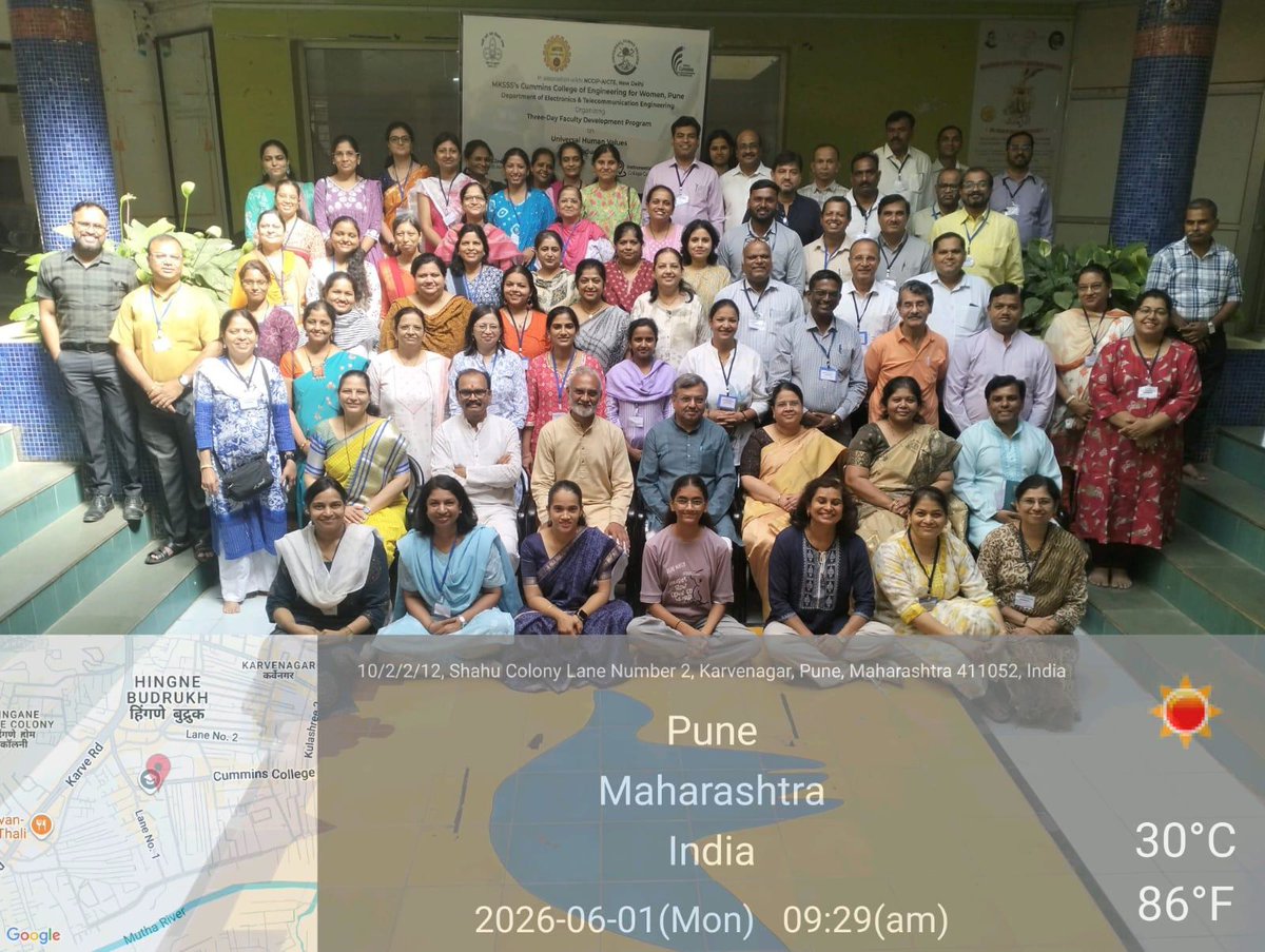 CumminsCollege's tweet photo. The Department of E&amp;Tc, MKSSS’s
Cummins College of Engineering for Women, Pune, successfully organized a 3-Day Faculty Development Program (FDP) on Universal Human Values (Introductory) from 1st June to 3rd June 2026 under the aegis of NCCIP-AICTE. https://t.co/YxsiqFIoxy