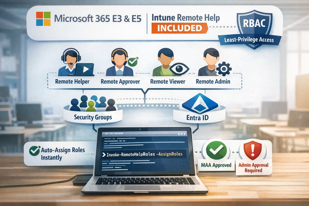 mwbengtsson's tweet photo. 📢 From July 1, Remote Help is included in M365 E3/E5.

I updated my PowerShell script to create four least-privilege custom RBAC roles + groups in seconds.

It now includes -AssignRoles to assign roles to groups automatically, plus full Multi Admin Approval (MAA) support.

https://t.co/JRD1XpvZyh

#MicrosoftIntune #MSIntune #RemoteHelp #PowerShell